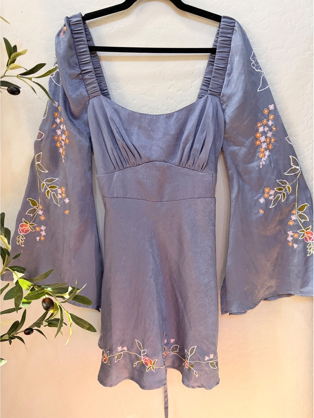 ASOS embroidered satin bell sleeve mini dress